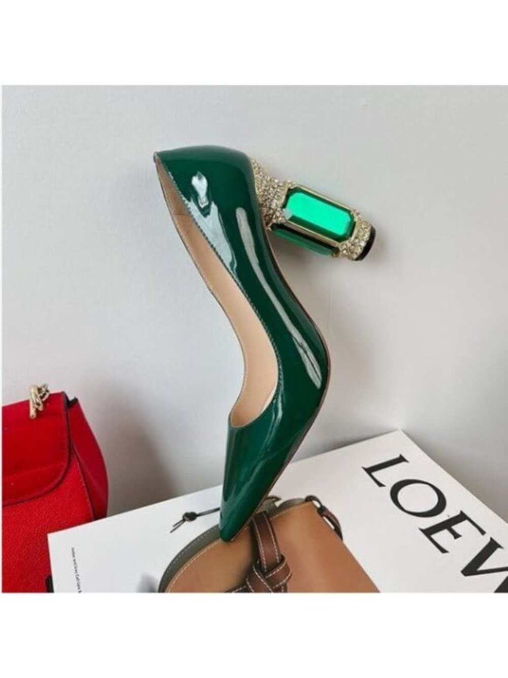 FSJ Green Bridal Pointed Toe High Heel Crystal Pumps Slip on Wedding Thick Shoes